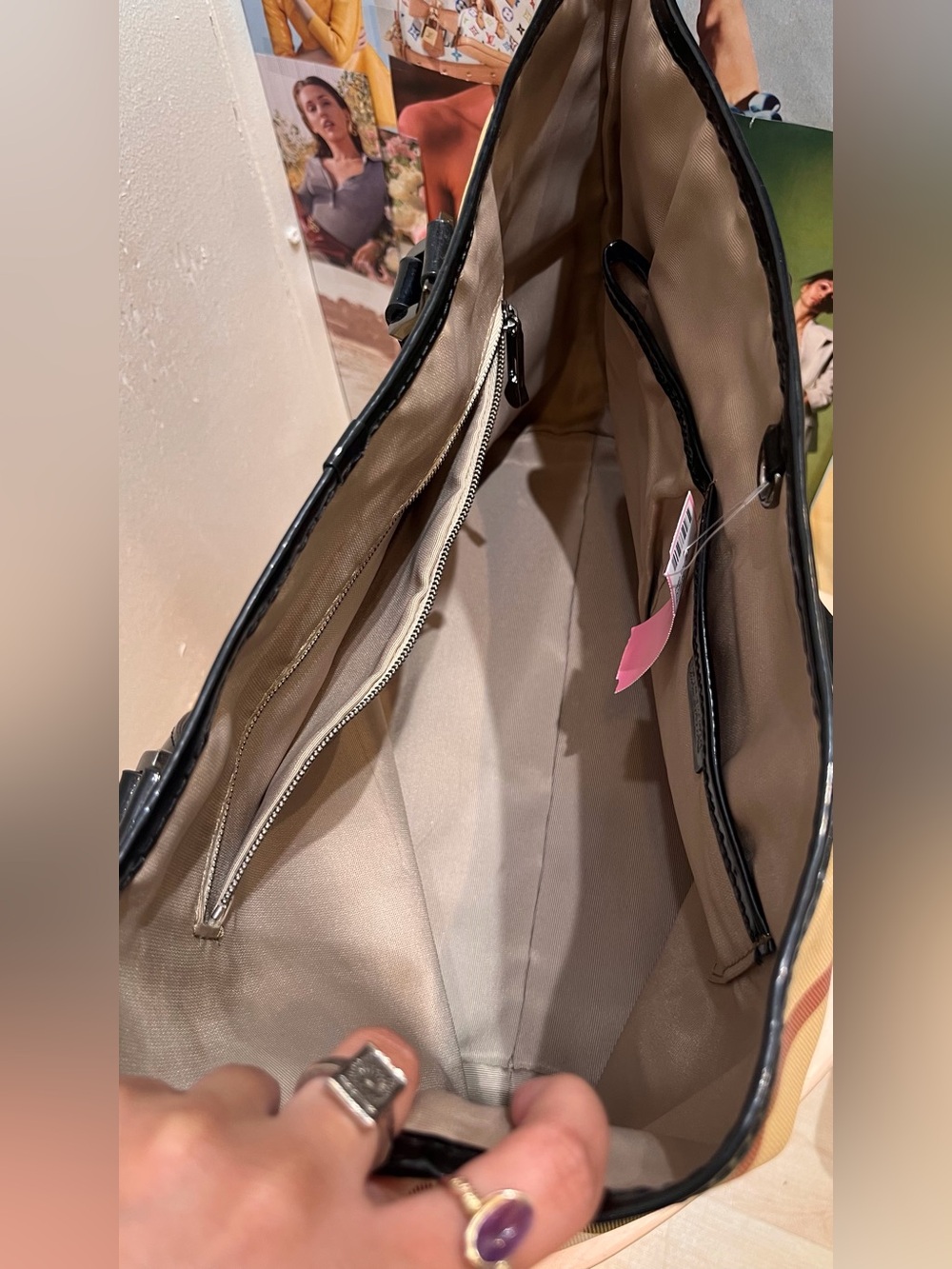 “Nickie” Plaid Tote Bag with Black Trim - Beige - Picture 11 of 13